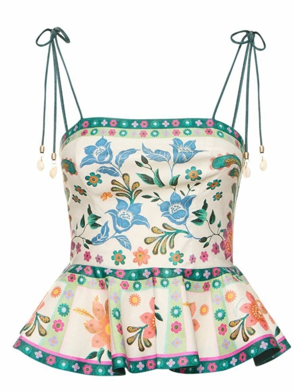 Zimmerman Floral Peplum Tie-Strap Top in White with Multicolor Blooms - Picture 12 of 16